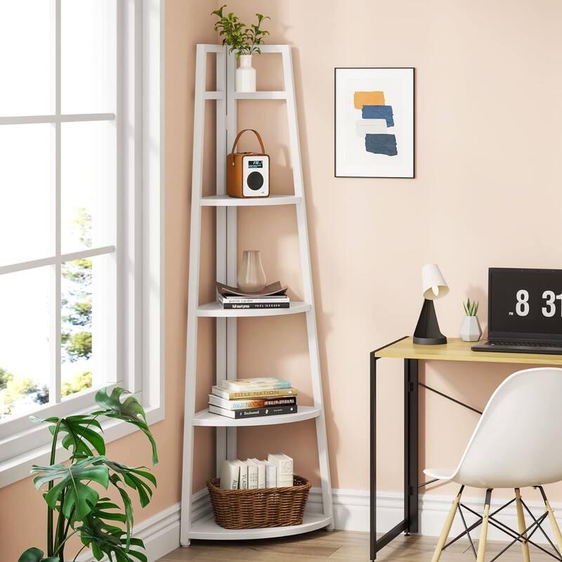 70 inch Tall Corner Shelf, 5 Tier Bookshelf Bookcase, Modern Corner Ladder Shelf Plant Stand for Living Room
