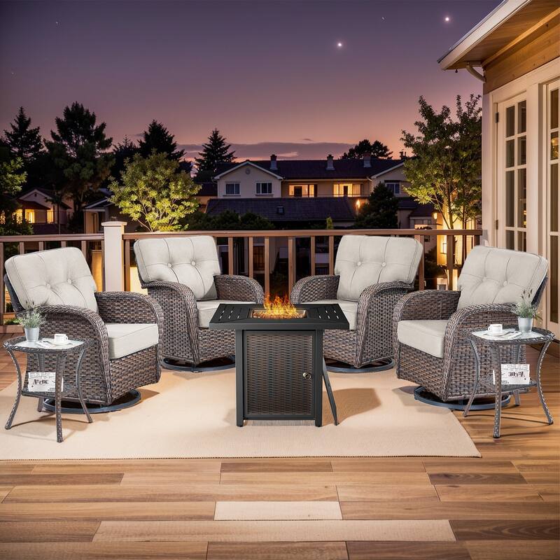 Pocassy Outdoor 30 In Fire Table with Sofa Patio Swivel Chair Set - Brown Wicker Beige Cushion - 6-Piece Swivel Chair Table with Fire Pit Table