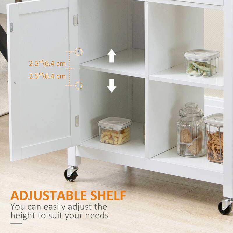 White Kitchen Island Cart on Wheels with Solid Rubber Wood Top, Storage Drawer & Adjustable Shelving