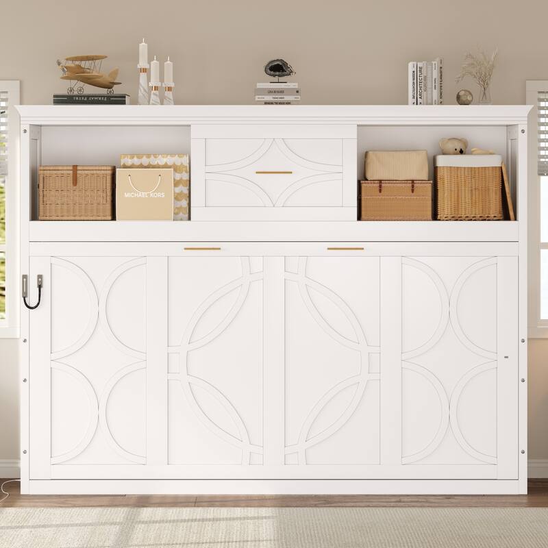 Compact Twin Murphy Bed with Charging Station, Drawer, and Storage Cabinets, White - White