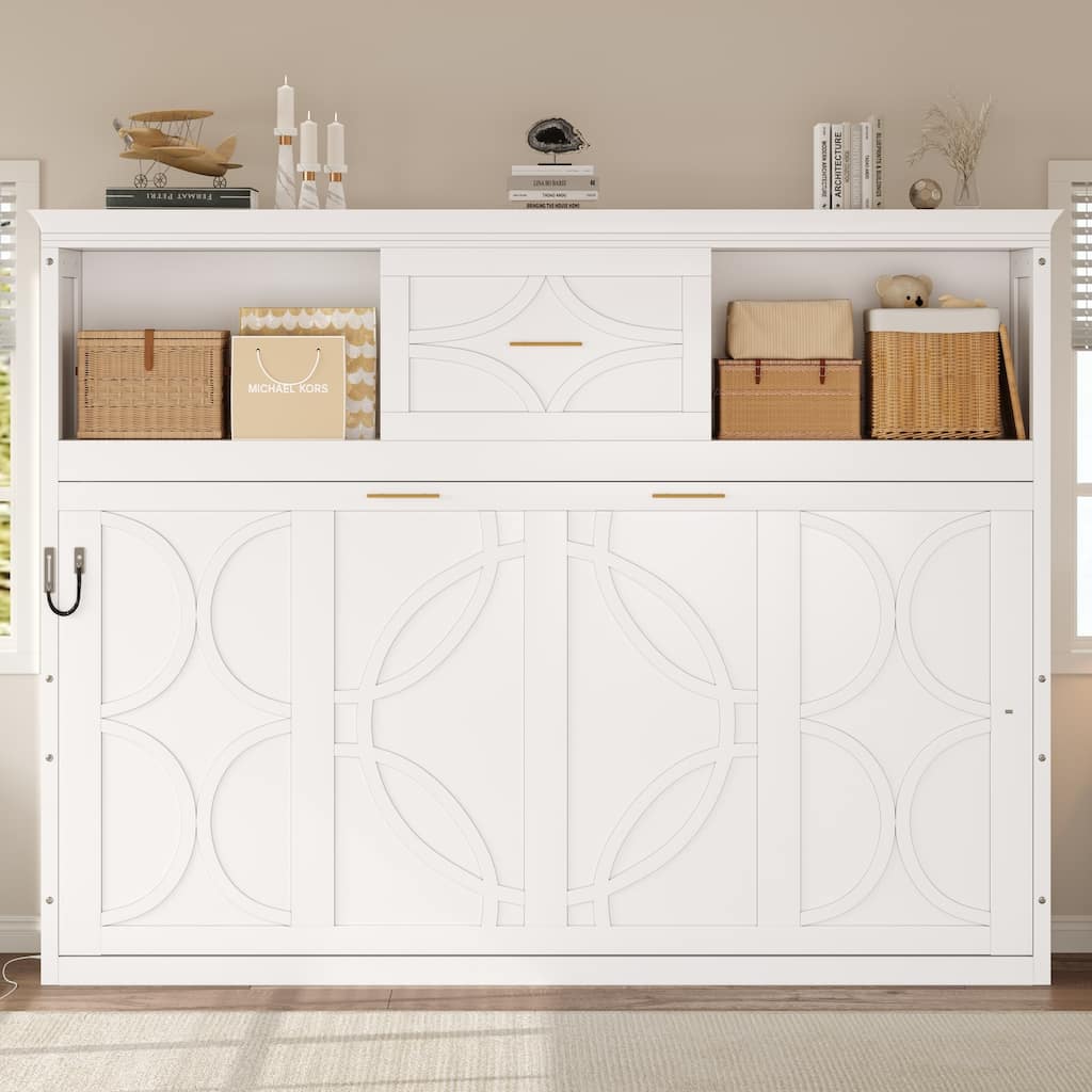 Compact Twin Murphy Bed with Charging Station, Drawer, and Storage Cabinets, White