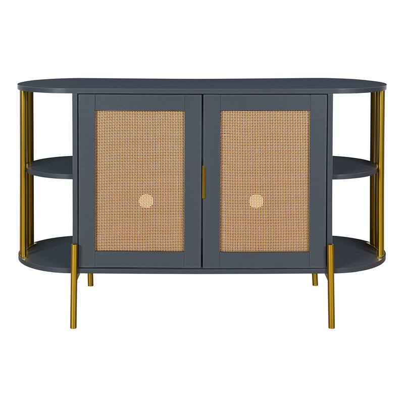 Curved Dining Sideboard with Gold Trim and Woven Rattan Doors for Stylish Dining Room Storage