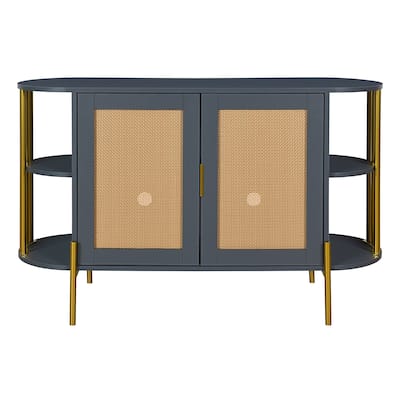 Curved Sideboard with Woven Rattan Doors and Open Storage - Dark Grey
