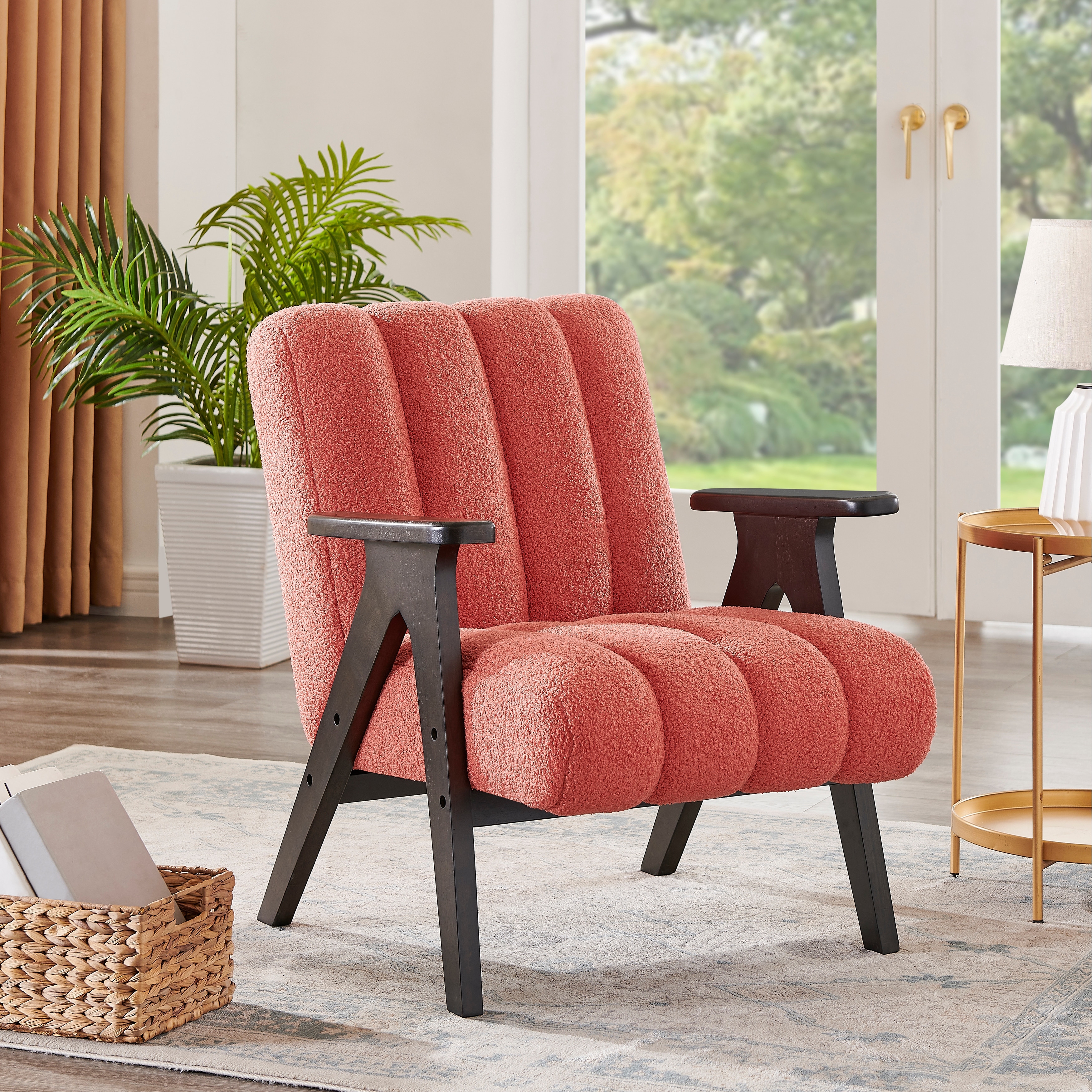 Modern Upholstered Teddy Sherpa Accent Chair with Espresso Wood Frame for Living Room