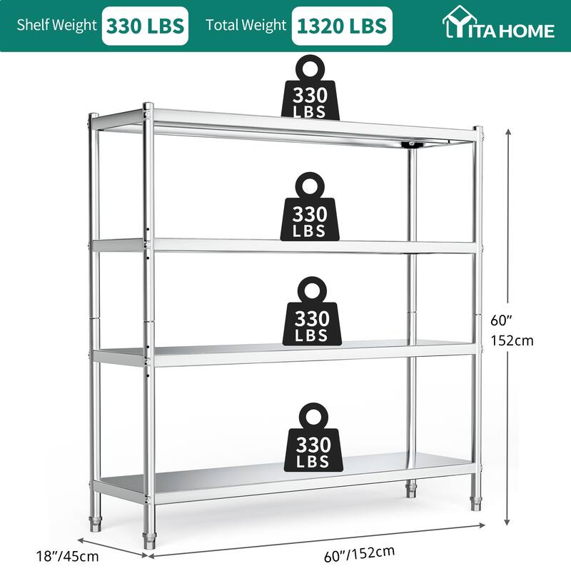 Stainless Steel Shelves, 60"*18"*60" 4 Tier Storage Shelf, Heavy Duty Shelving for Kitchen Garage Office Restaurant Warehouse - Grey