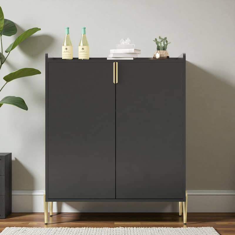 Modern 2-Door Wine Bar Cabinet with Bottle Storage Rack and Adjustable Shelf, Buffet Sideboard for Kitchen or Coffee Bar - Black