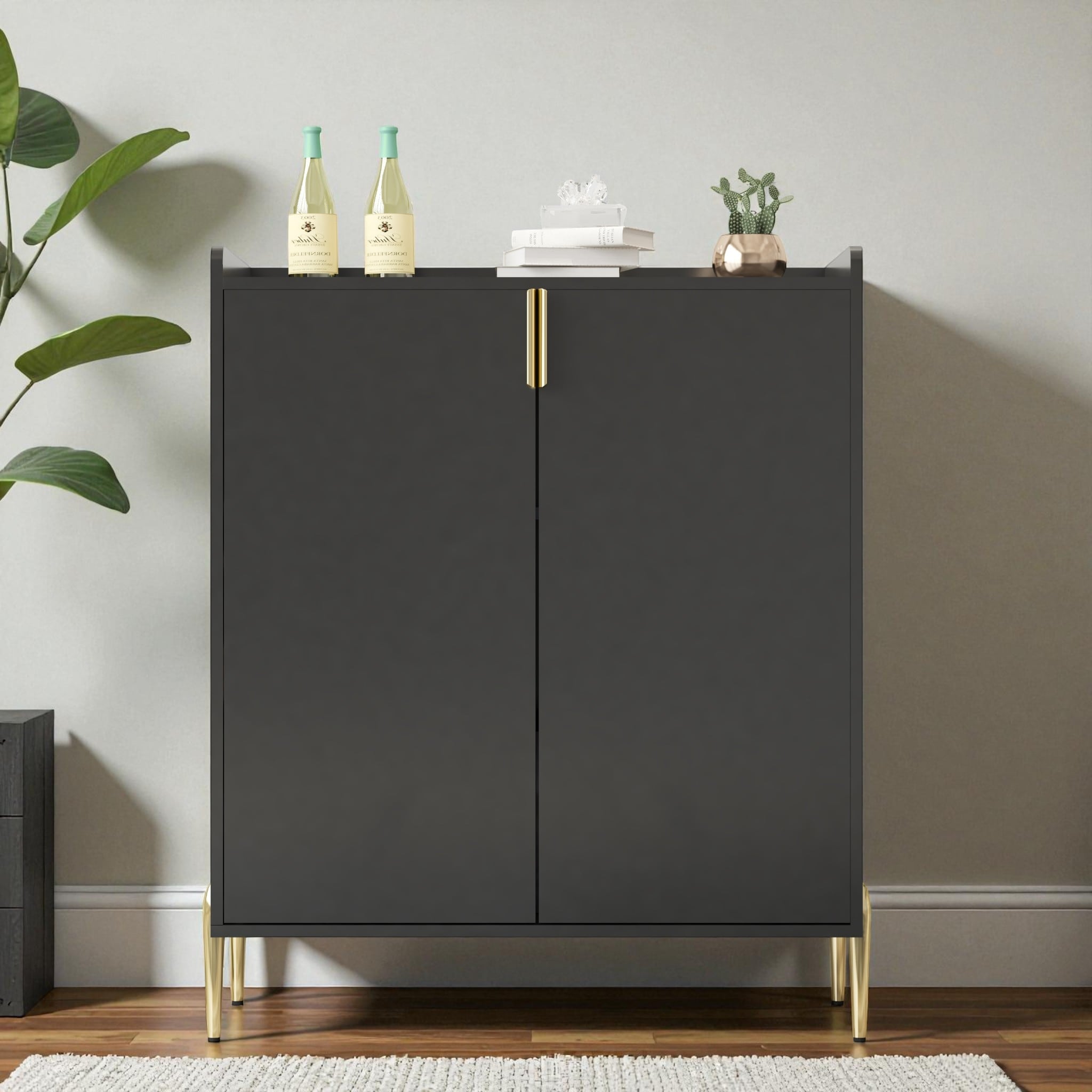 Modern 2-Door Wine Bar Cabinet with Bottle Storage Rack and Adjustable Shelf, Buffet Sideboard for Kitchen or Coffee Bar