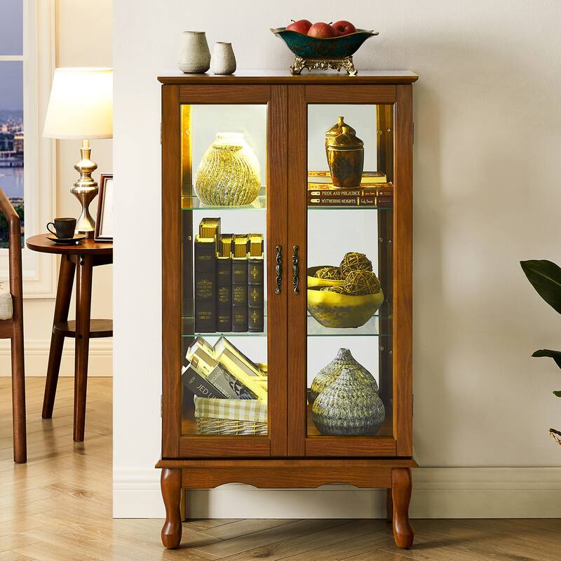 Cabinet Lighted Curio Diapaly Cabinet with Shelves and Mirrored Back Panel, Glass Doors (3 Tier) (E26 light bulb not included)