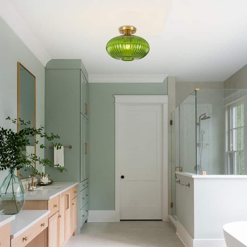 11.8 Inch green lighting glass, metal light bulb striped green ceiling light - N/A