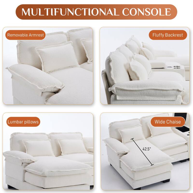 U-shaped Sectional Sofa Chenille Fabric Doudle Layer Cushion with USB Central Console