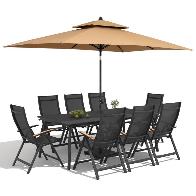 9/11-Piece Outdoor Patio Dining Set Aluminum Dining Table and Folding Chairs w/10 ft Umbrella and Base