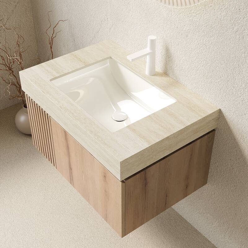 30" Floating Bathroom Vanity with Sink - Cabinet with Drawer & Door, Travertine Sintered Stone Countertop & Basin