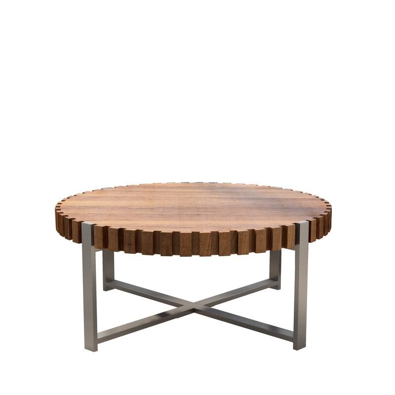 31.4-inch Modern Drum Shaped Wood Grain Coffee Table - Handmade Natural Wood Living Room Center Table