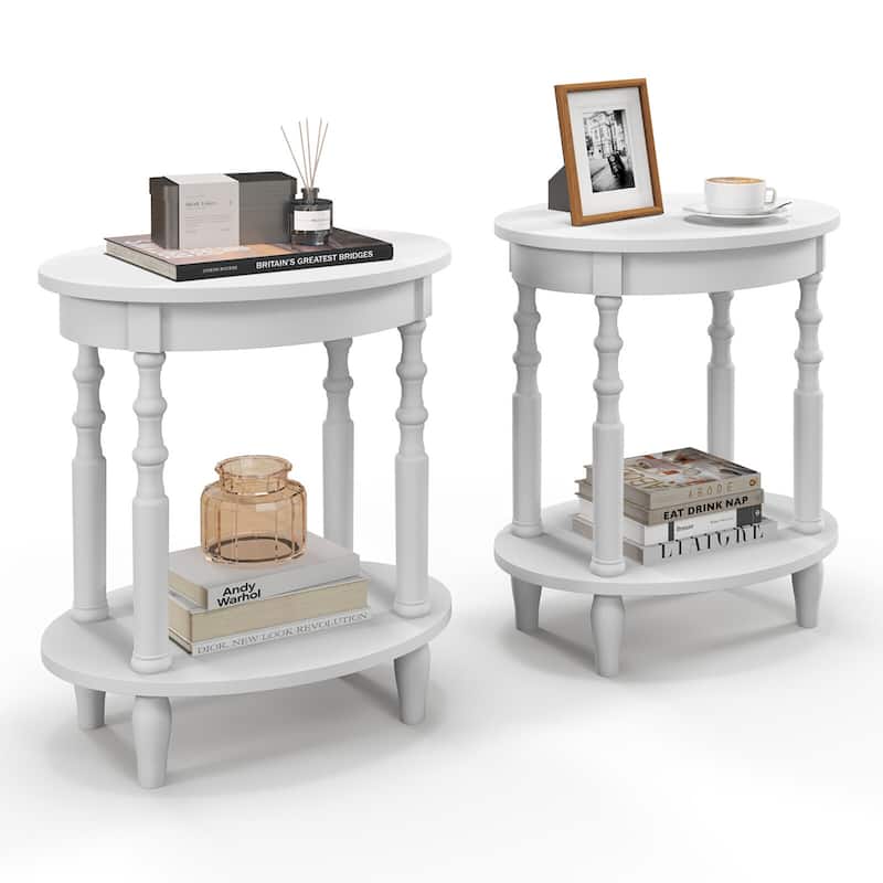 Gymax 2 PCS 2-Tier End Table Oval Compact Sofa Side Nightstand w/ - White