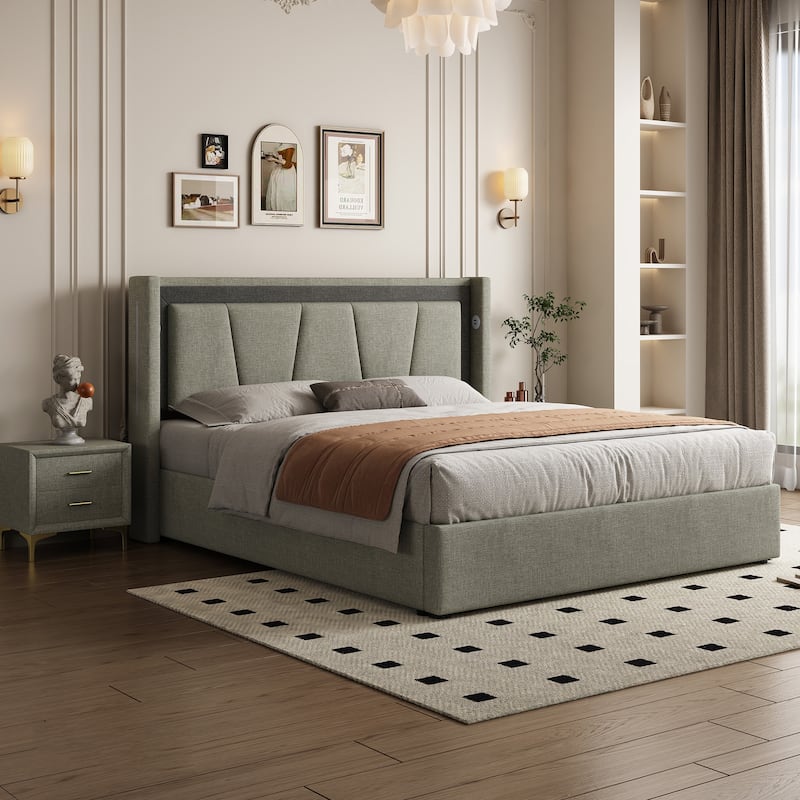 Modern Style Queen Size Cotton and Linen Fabric Storage Bed for Bedroom