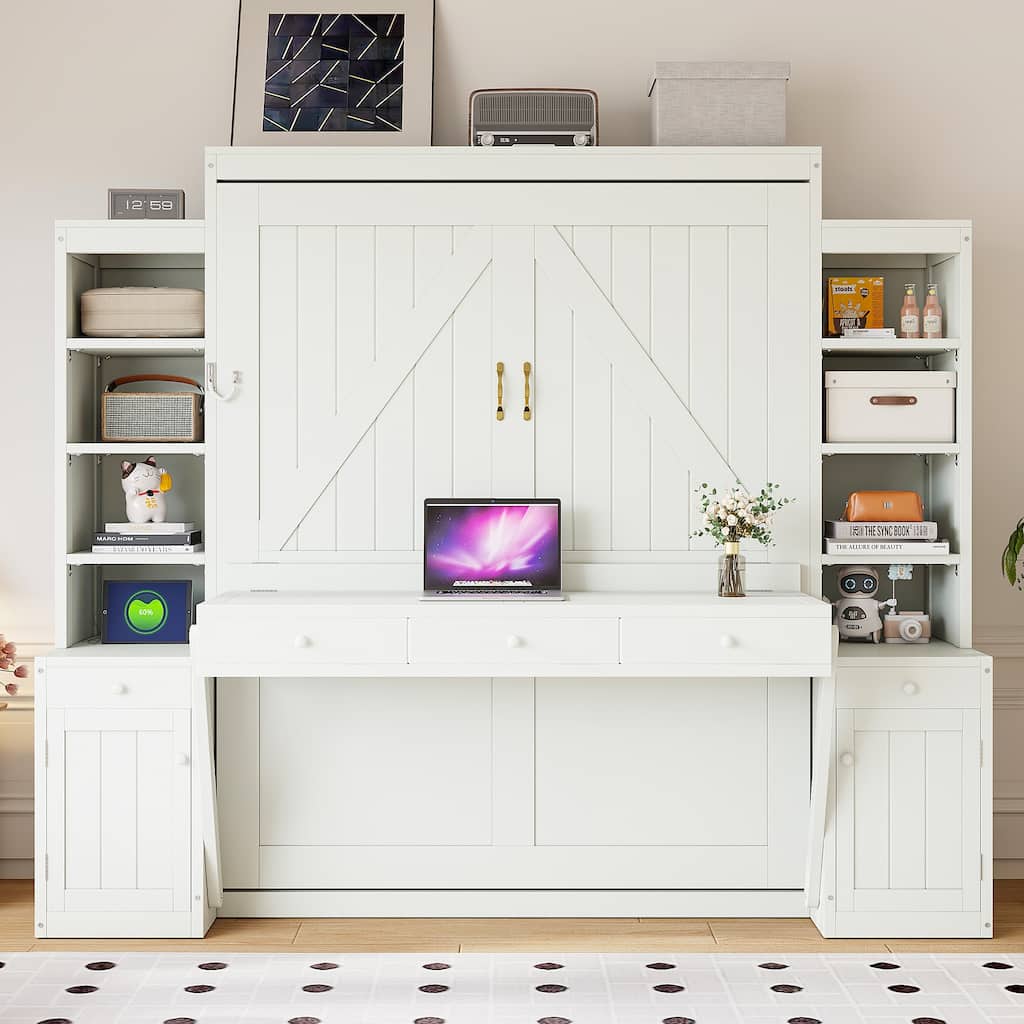 Queen Murphy Bed with Desk & Storage, Space-Saving Wall Bed with Cabinets