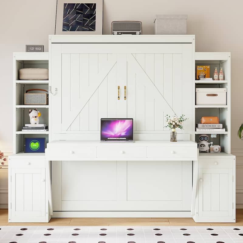 Queen Size Murphy Bed Heavy-Duty Murphy Bed Cabinet Bed with Desk Drawers open shelving Units Power Outlet and Side Cabinets - White - Queen