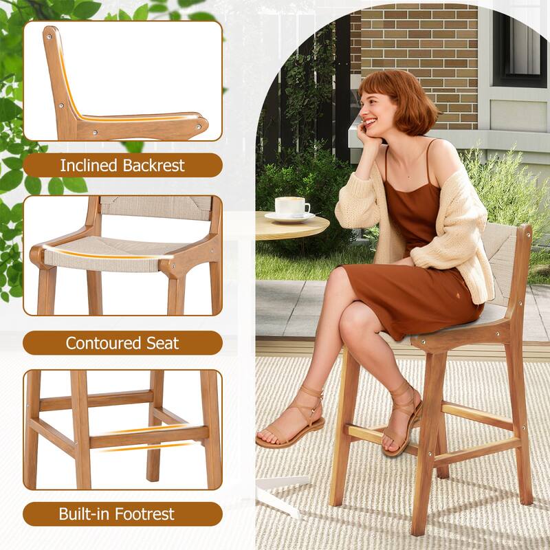 Gymax Outdoor Counter Height Bar Stool w/Teak Wood Frame Back &