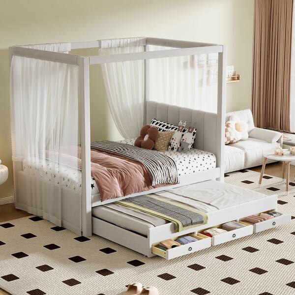 slide 2 of 35, Wood Canopy Bed Frame with Trundle & 3 Storage Drawers Beige - Twin