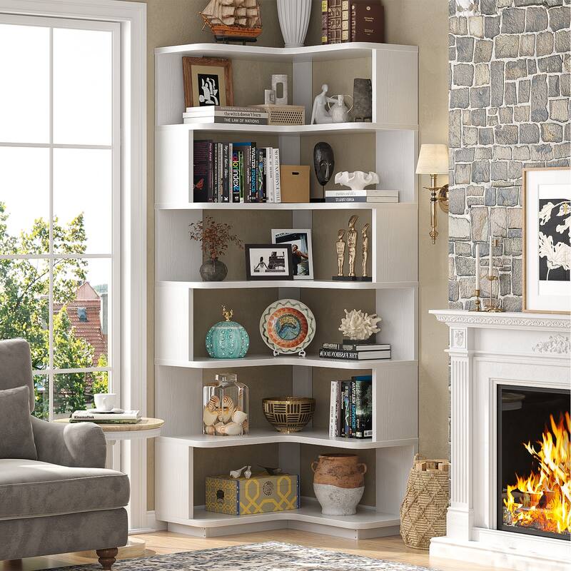6-Tier Corner Bookcase, Freestanding Display Storage Book Shelf - White