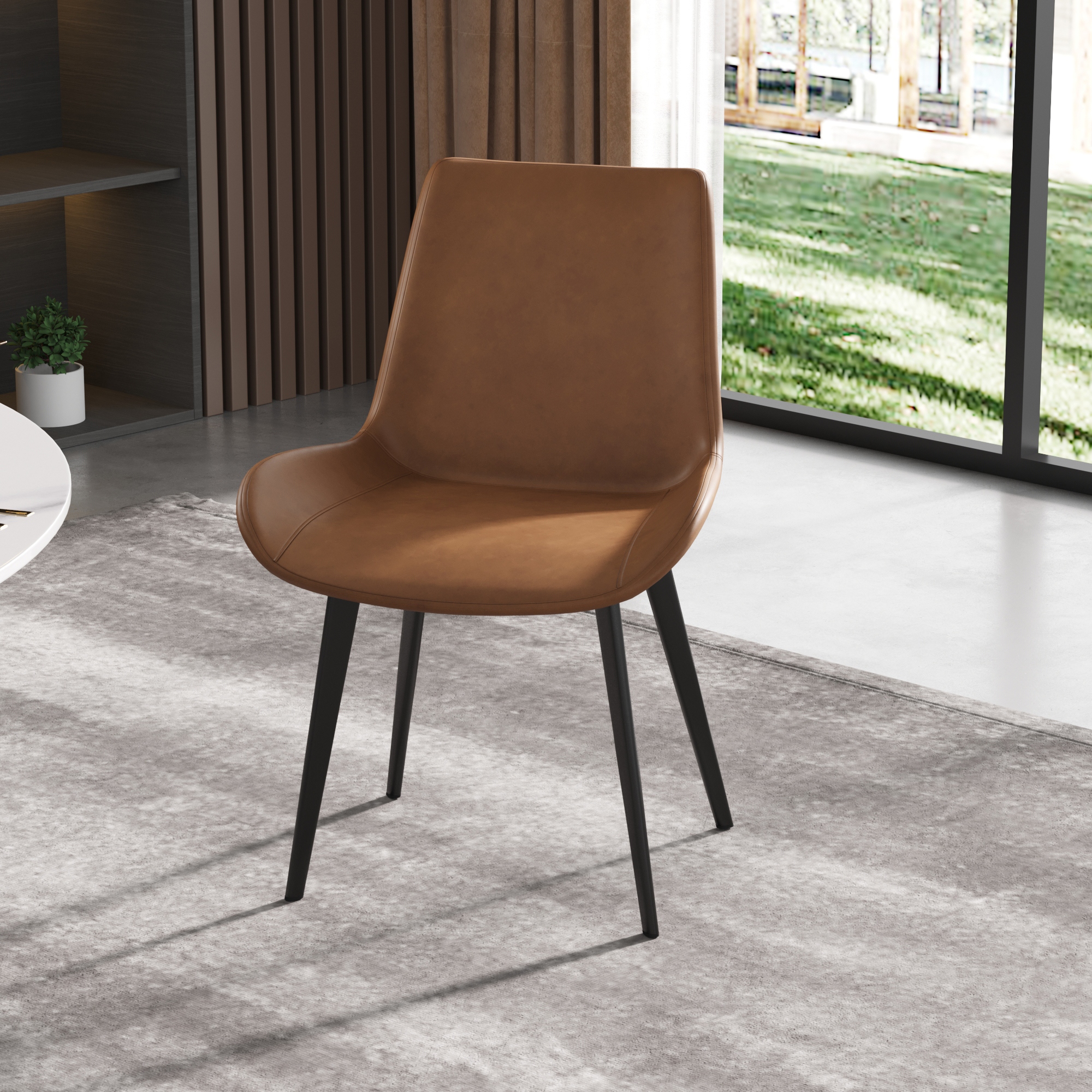 Mid Century Brown Dining Chair Set of 2 PU Leather Upholstered