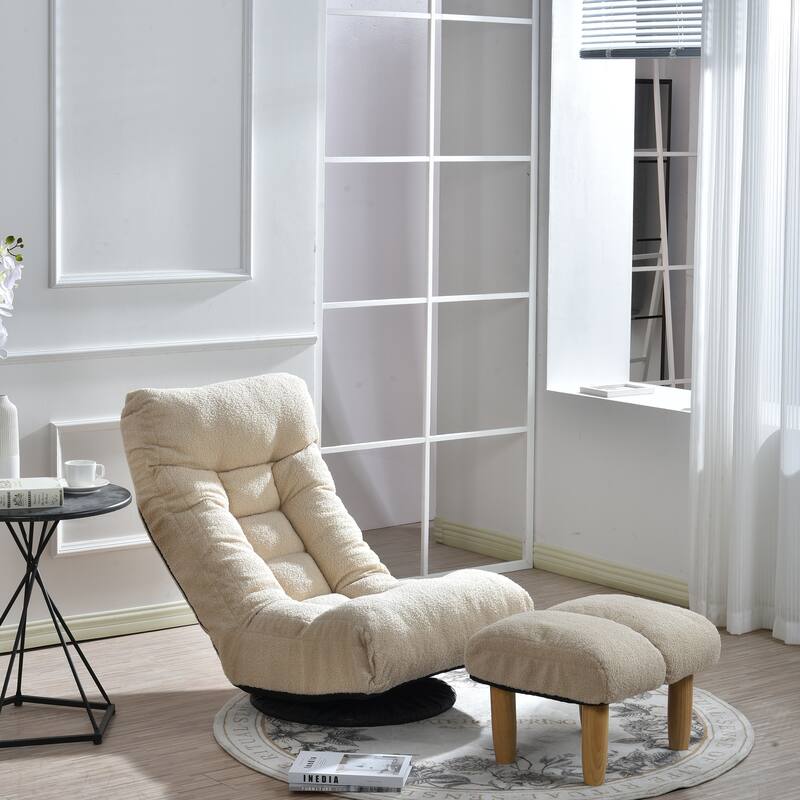 Beige Boucle Upholstered 360° Swivel Armless Manual Leisure Recliner Set with Ottoman, Adjustable Headrest and Backrest