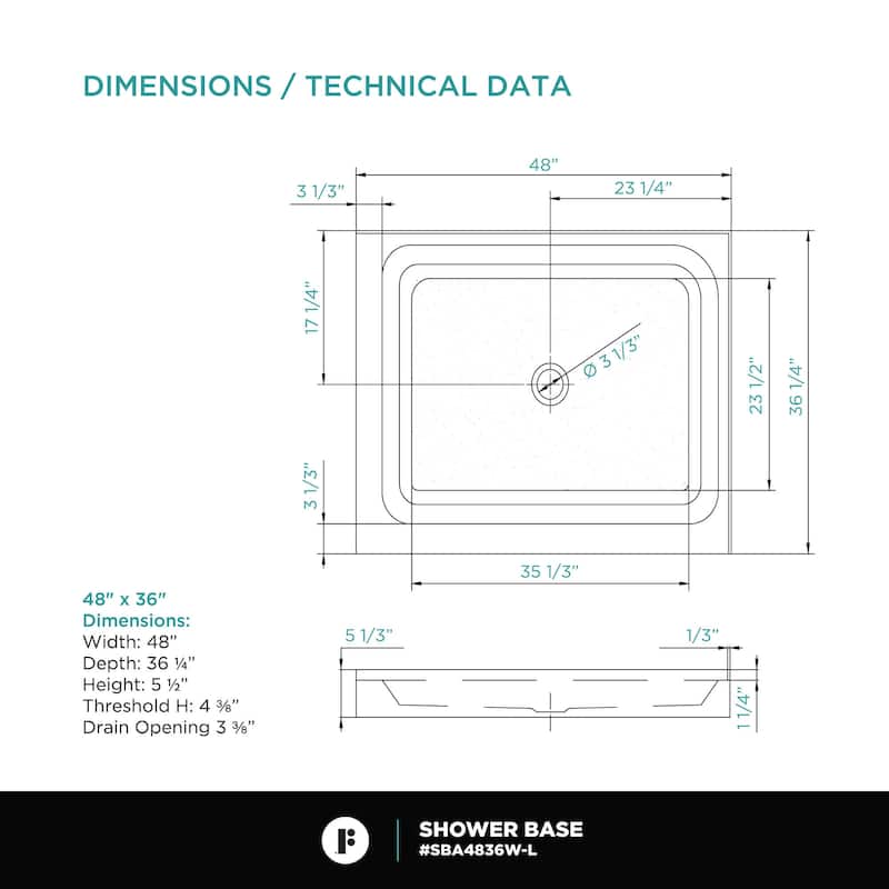 Fine Fixtures Double Threshold Acrylic Shower Base - Non-Slip Textured Surface Shower Floor Pan in White