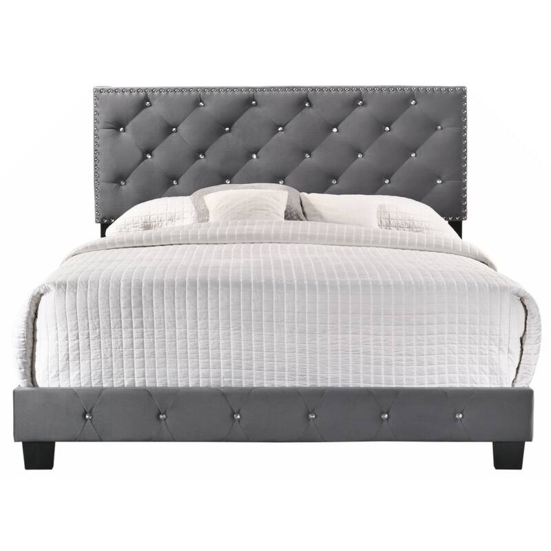 Grey Velvet Platform Bed with Nailhead Trim, Queen Size
