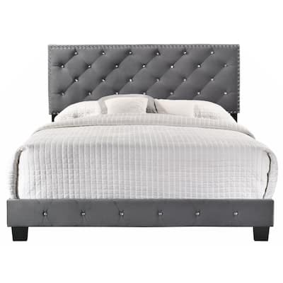 Grey Velvet Platform Bed with Nailhead Trim, Queen Size