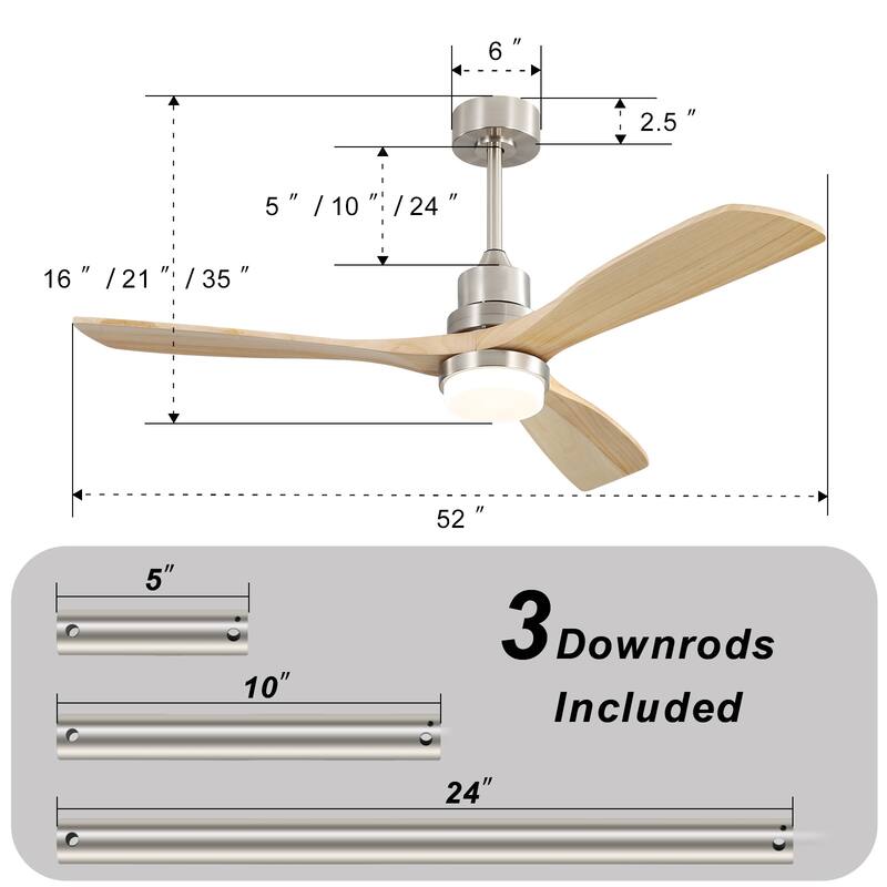 Sofucor 52" Indoor Wood Ceiling Fan Light with Remote, Integrated Light Optional