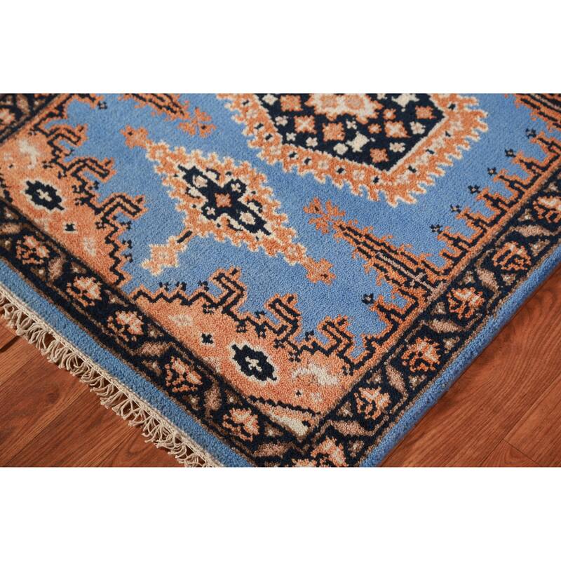 Hand Knotted Oriental 100% Wool Carpet Traditional Geometric Navy Blue & Blues Viss Runner Rug - 9' 8'' X 2' 6''