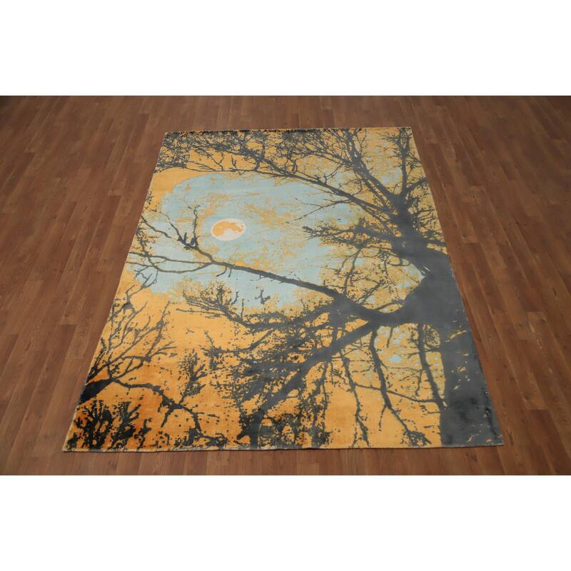 Hand Knotted Oriental Viscose Silk Carpet Modern Pictorial Multi-Colored Abstract Area Rug - 7' 9'' X 5' 6''