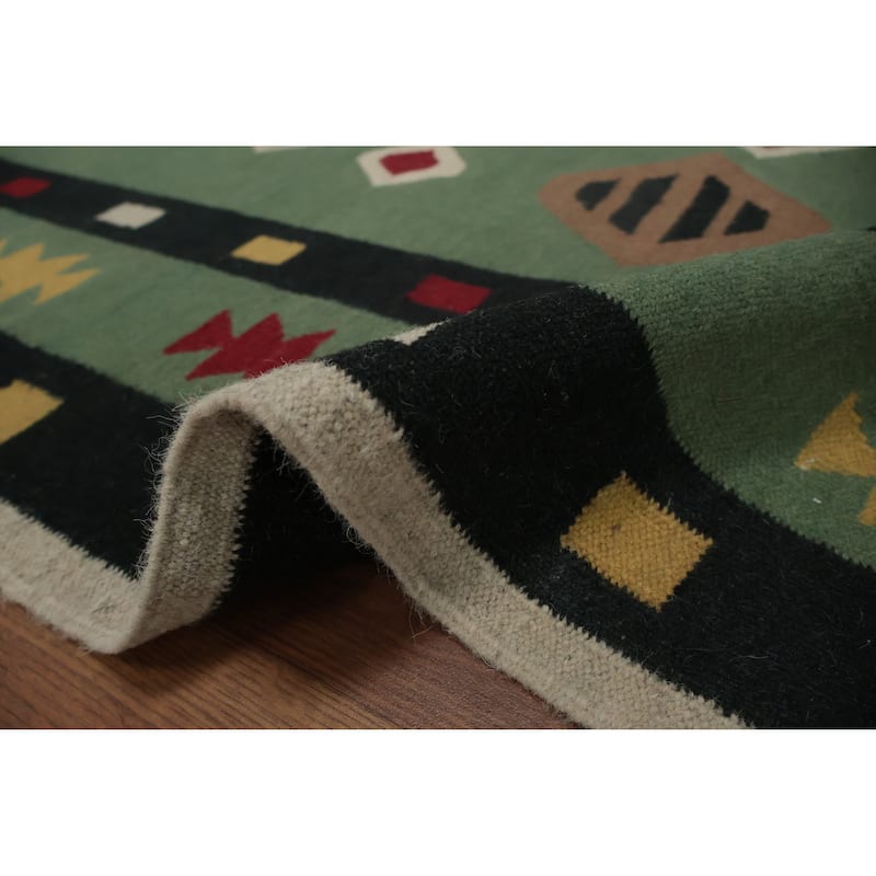 Hand Woven Oriental 100% Wool Carpet Southwestern Tribal Green Kilim Area Rug - 9' 8'' X 5' 1''