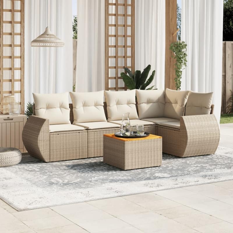 vidaXL Patio Sofa Set with Cushions Outdoor Furniture 6 Piece Poly Rattan - 21.7 x 21.7 x 14.6 - Beige