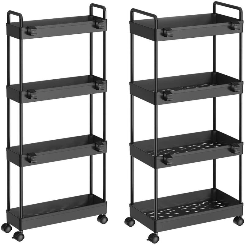 2 Pack Slim Storage Cart with Wheels - 4 Tier - Black