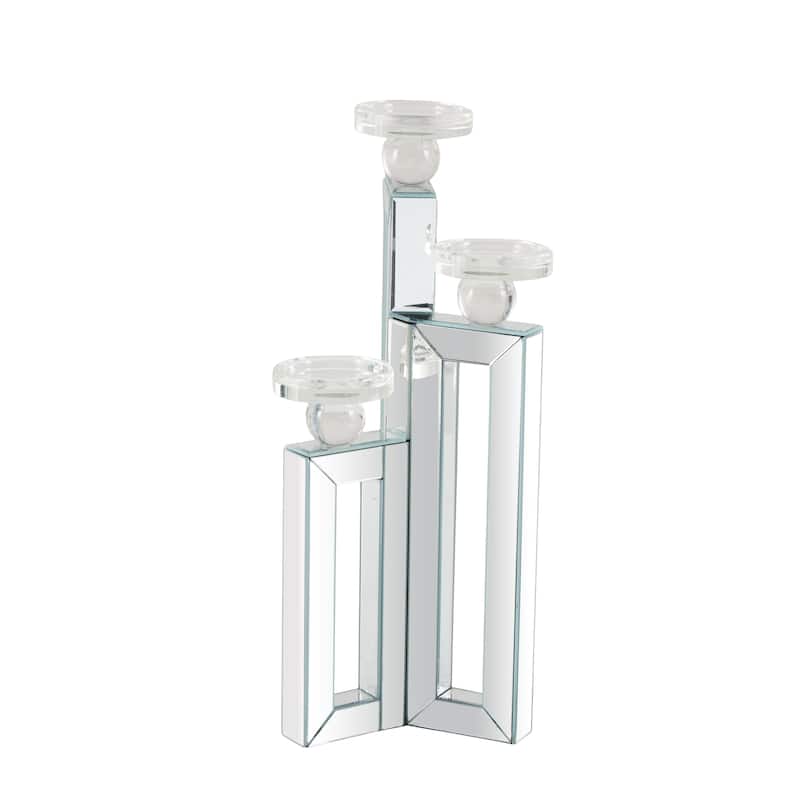 Glass Pillar 3 Plate Candelabra with Mirrored Accents - Silver - Roche River Decor - 7"W x 7"L x 21"H