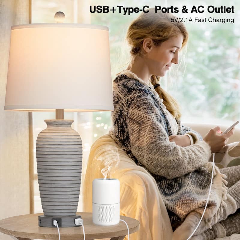 Set of 2 White Resin Table Lamps with 3-Way Dimmable Touch Control, USB/Type-C Ports, and AC Outlet - 13'' X 13'' X 25''