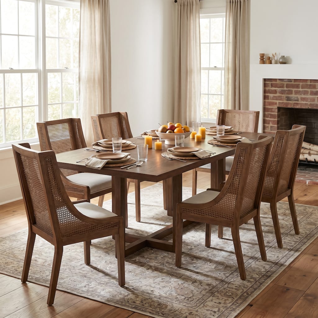 Christopher Knight Home - Valencia 7-Piece Dining Set Wood Veneer Dining Table with Beige Upholstered Chairs and Walnut Finish