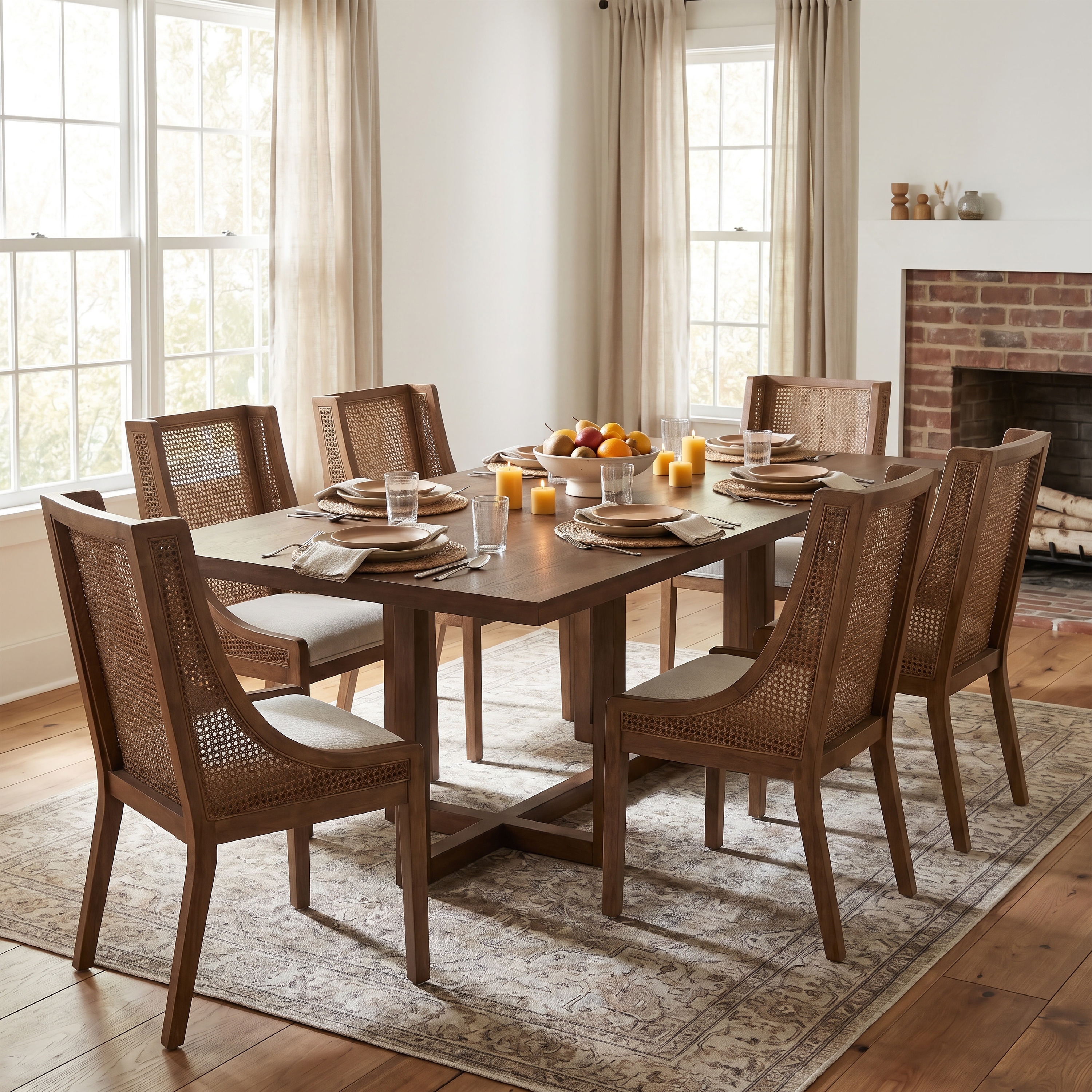 Christopher Knight Home - Valencia 7-Piece Dining Set Wood Veneer Dining Table with Beige Upholstered Chairs and Walnut Finish