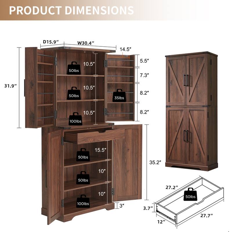 Farmhouse Wood Pantry Cabinet with Barn Doors, Adjustable Shelves