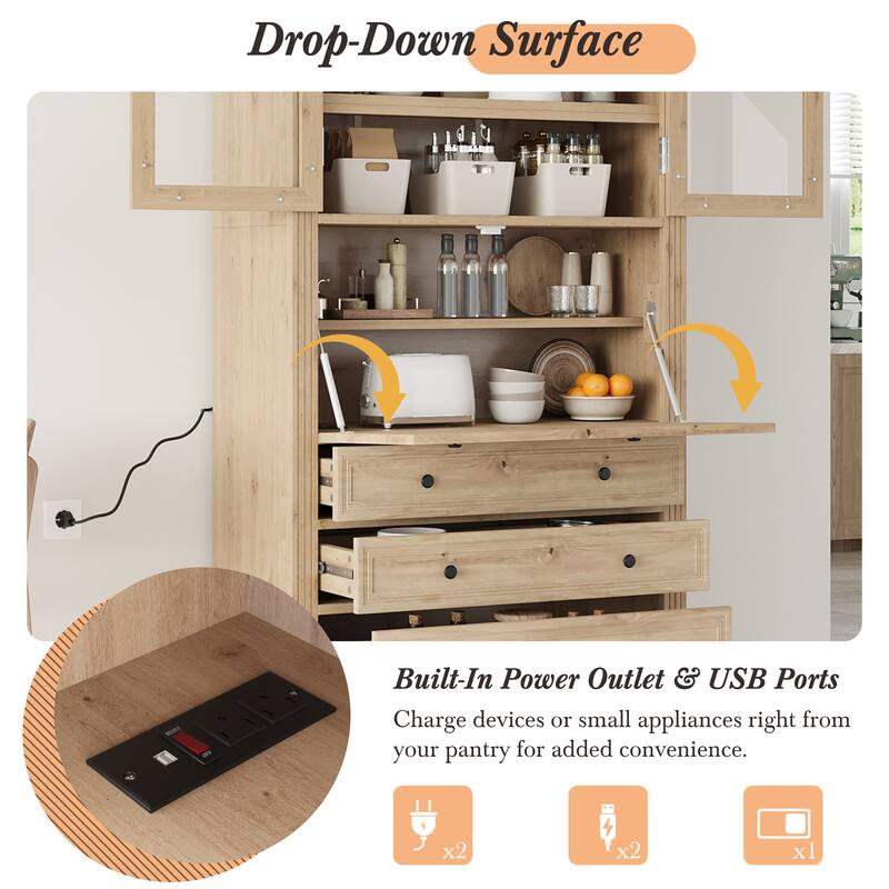 78" Freestanding Kitchen Pantry Cabinet with 3 Drawers, Glass Doors, Adjustable Shelves and Built-In Power Outlet