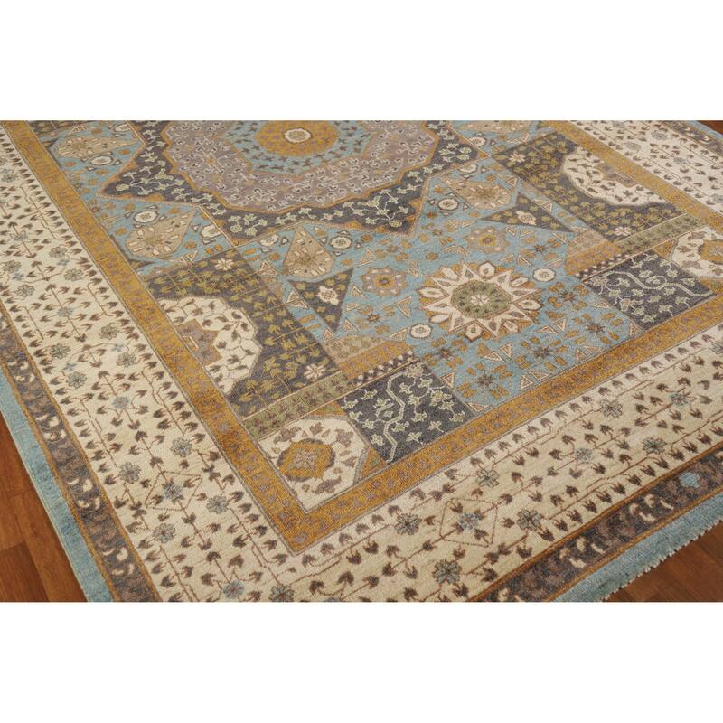Hand Knotted Oriental 100% Wool Carpet Traditional Geometric Navy Blue & Blues Kazak Area Rug - 9' 9'' X 6' 7''