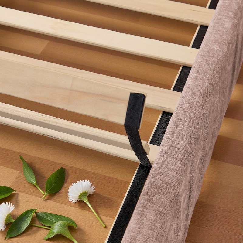 King Upholstered Platform Bed with Pleated Chenille Headboard, Built-in Bedside Table & Adjustable Lamps, No Box Spring