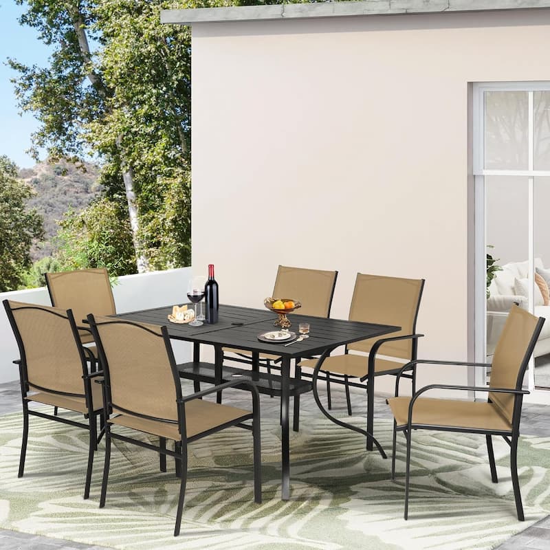 7 Piece Outdoor Patio Metal Dining Set of 6 Textilene Chairs and Rectangle Table with Umbrella Hole