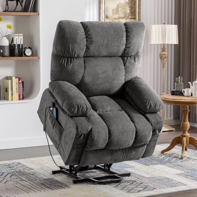 Blue Power Lift Recliner with Heat, Massage, USB Charging, Side Pockets, and Remote Control for Convenience