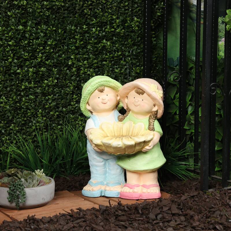 Boy and Girl Statue Holding Sunflower Birdbath