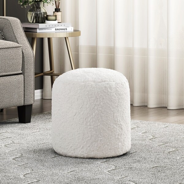 Modern Pouf Off White Faux Fur Fabric Upholstered Ottoman