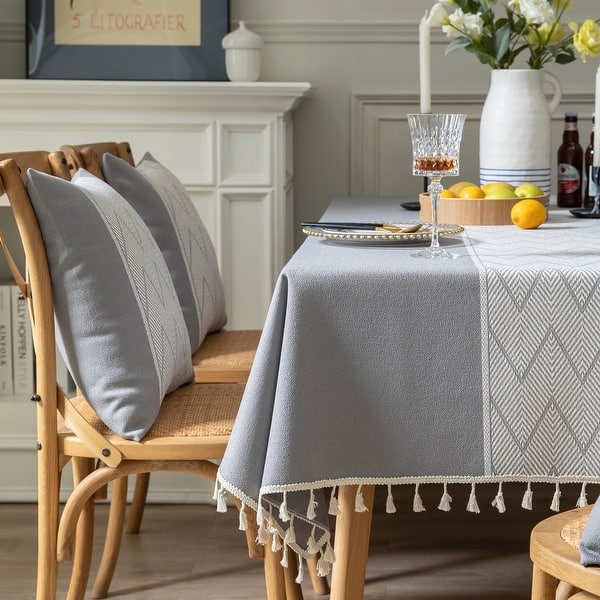 slide 1 of 5, Enova Home High Quality Rectangle Cotton and Linen Tablecloth with Tassels (Grey) 54 x 78
