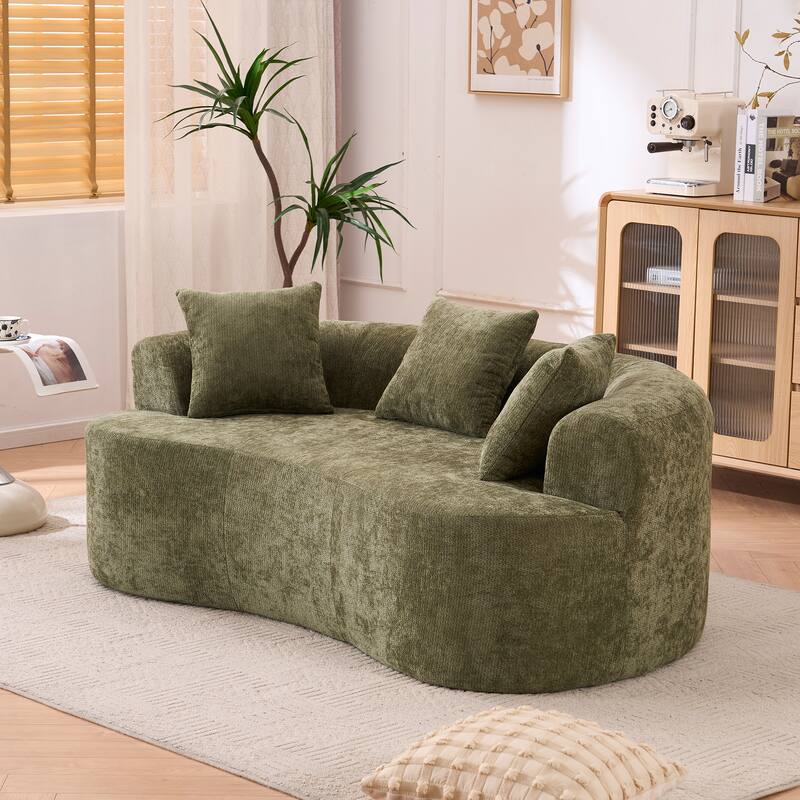 Crescent-Shaped Modular Sofa for Apartments, Chenille Low-Back Deep-Seat Sofa, Small Compression Sofa with Pillows