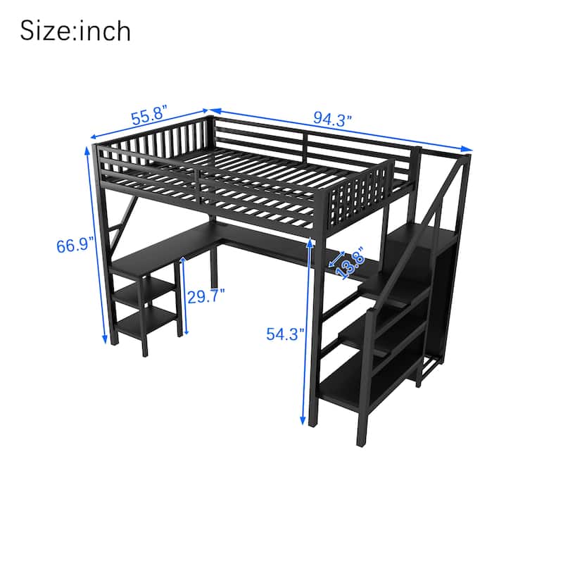 Metal Full Loft Bed with Wardrobe and LED Light, Full Size Loft Bed with L Shaped Desk and USB for Kids Teens Adults